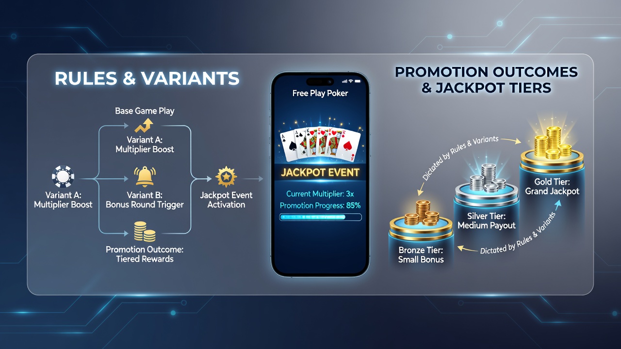 Detailansicht einer mobilen App mit Video-Poker-Varianten, Free-Play-Boni und Jackpot-Statistiken