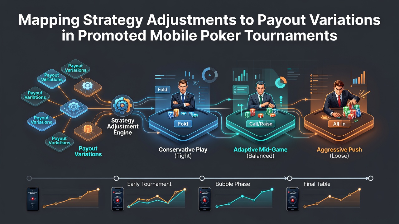 Darstellung mobiler Pokerturnier-Interfaces mit variierenden Auszahlungsstrukturen und Strategieüberlagerungen